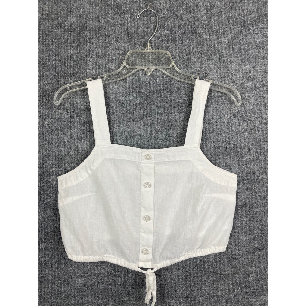 A New Day Crop Top Womens S White Excellent Linen Blend Button Front Tie Hem